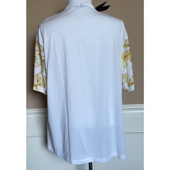 Versace Leafy Print Cotton Jersey T-Shirt White & Gold 5XL 1021353 Italy NWT